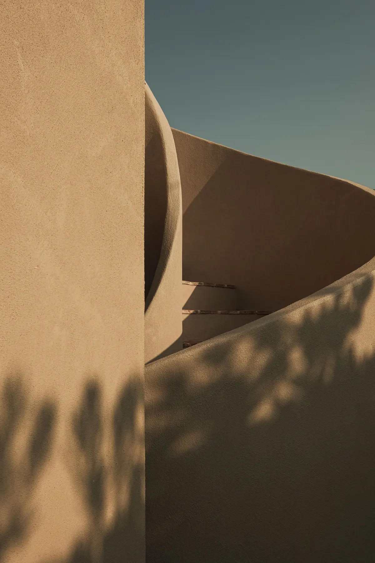 Curved lime-rendered walls and a stair catching late afternoon light and the shadow of a palm