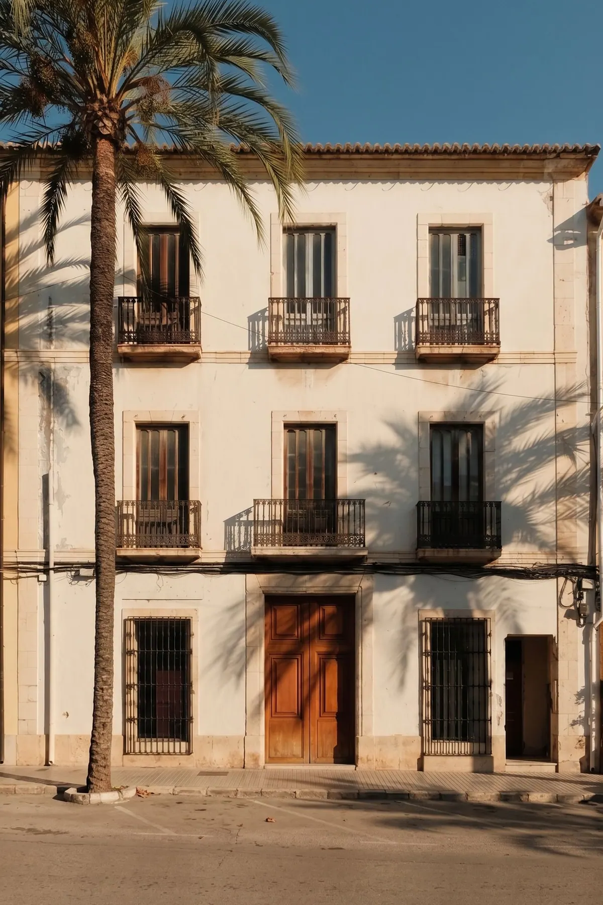 Heritage Jávea — a three-storey historic facade with wrought-iron balconies and a palm tree, current state