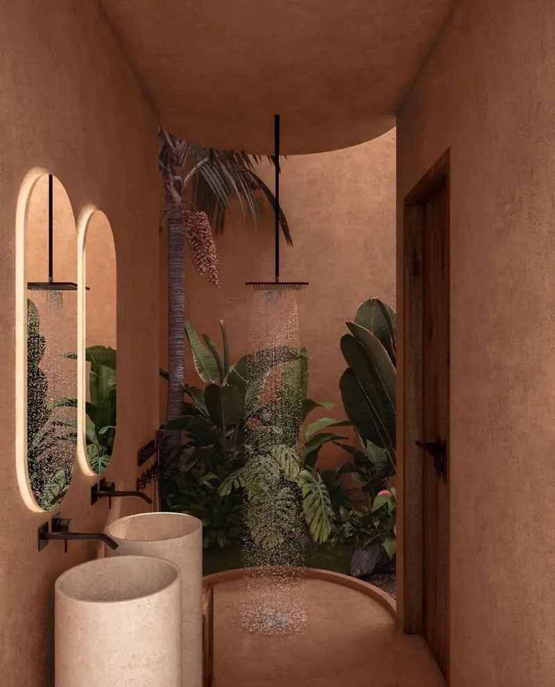Mood image: a plaster bathroom with an open shower and plants