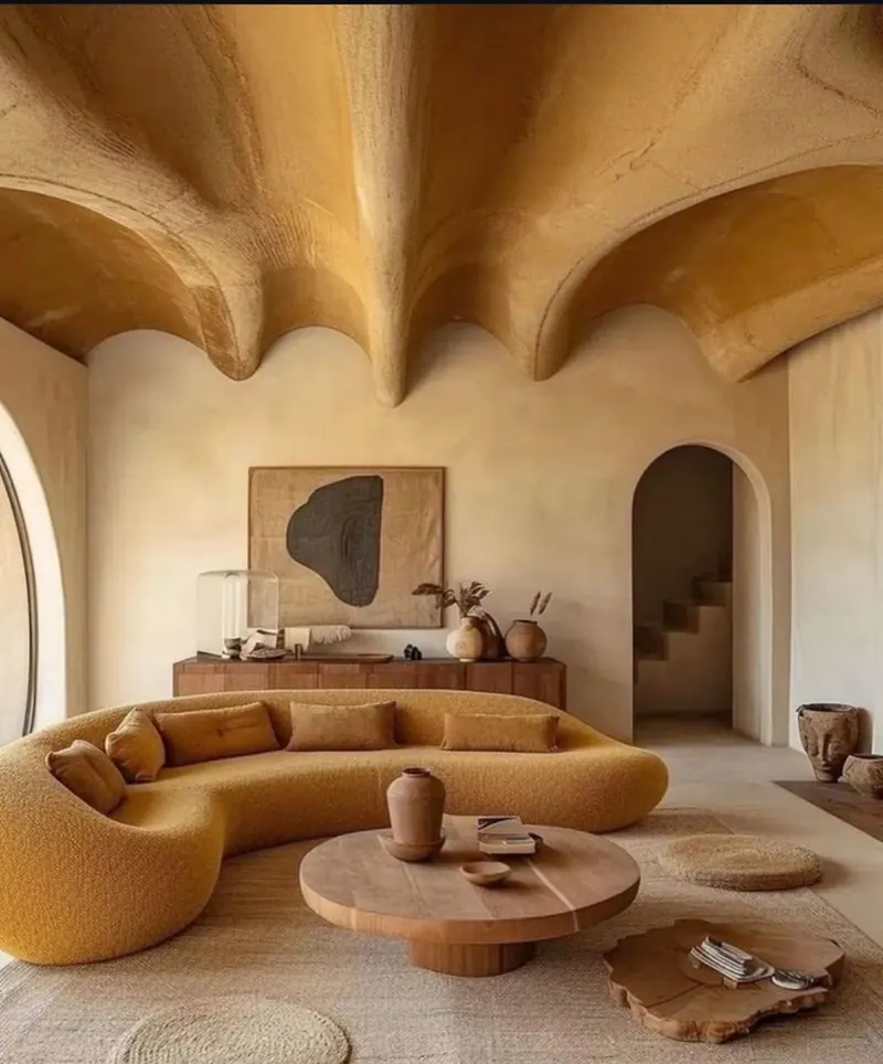 Mood image: a curved ochre lounge under a sculpted ceiling