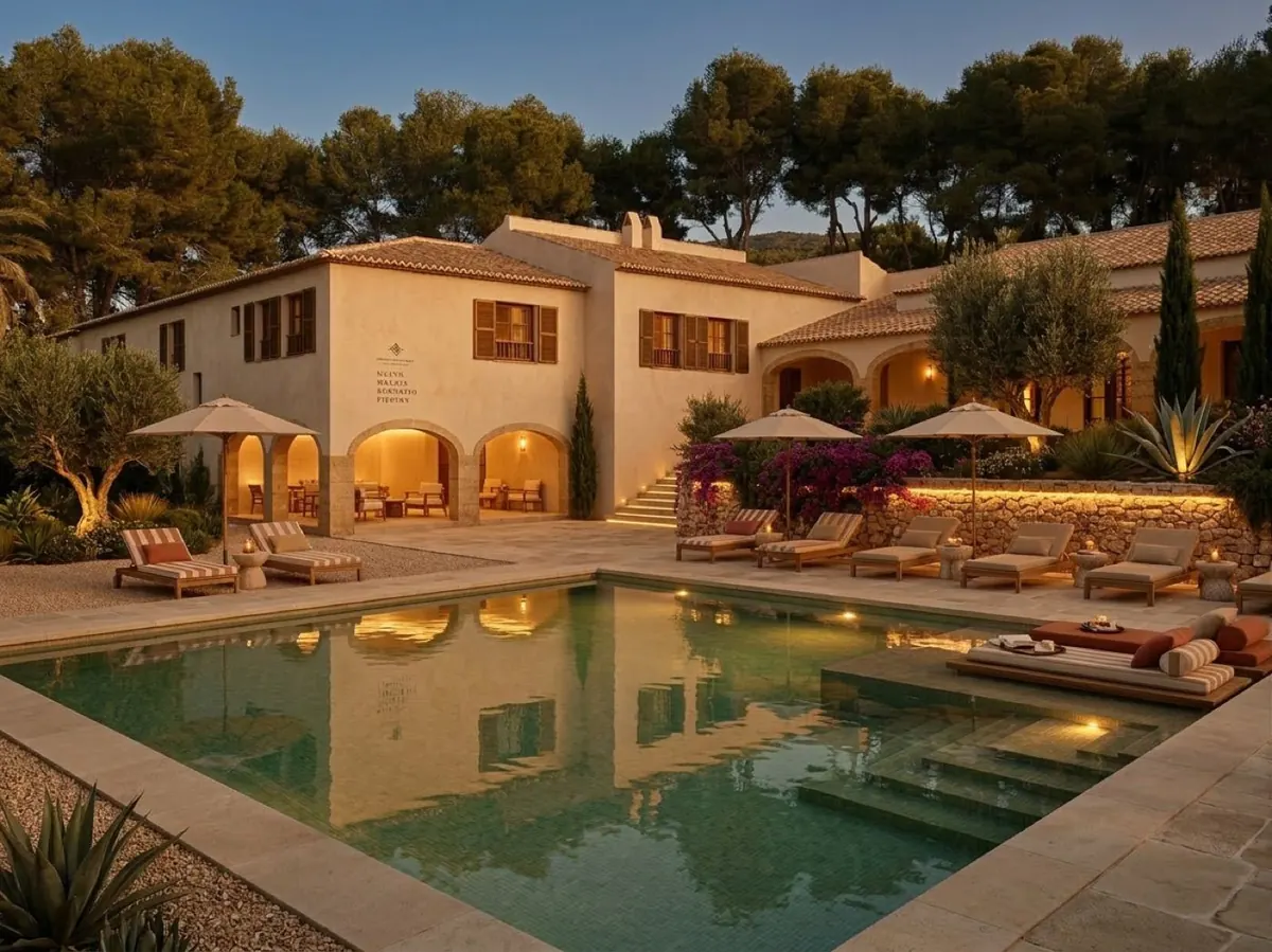 Mood image: a Mediterranean house with arches and a lit pool at dusk
